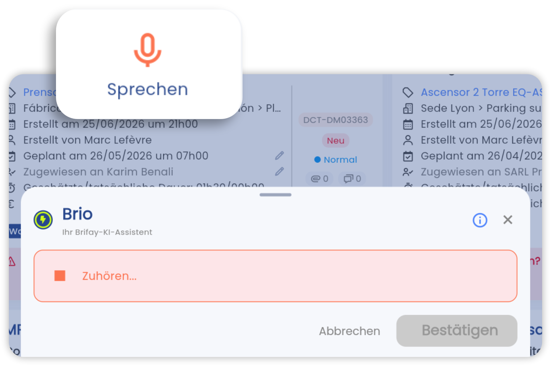 Bildschirm zur Erfassung einer Einsatzmeldung in der Brifay-App, mit Sprachdiktat und KI-Qualifizierung