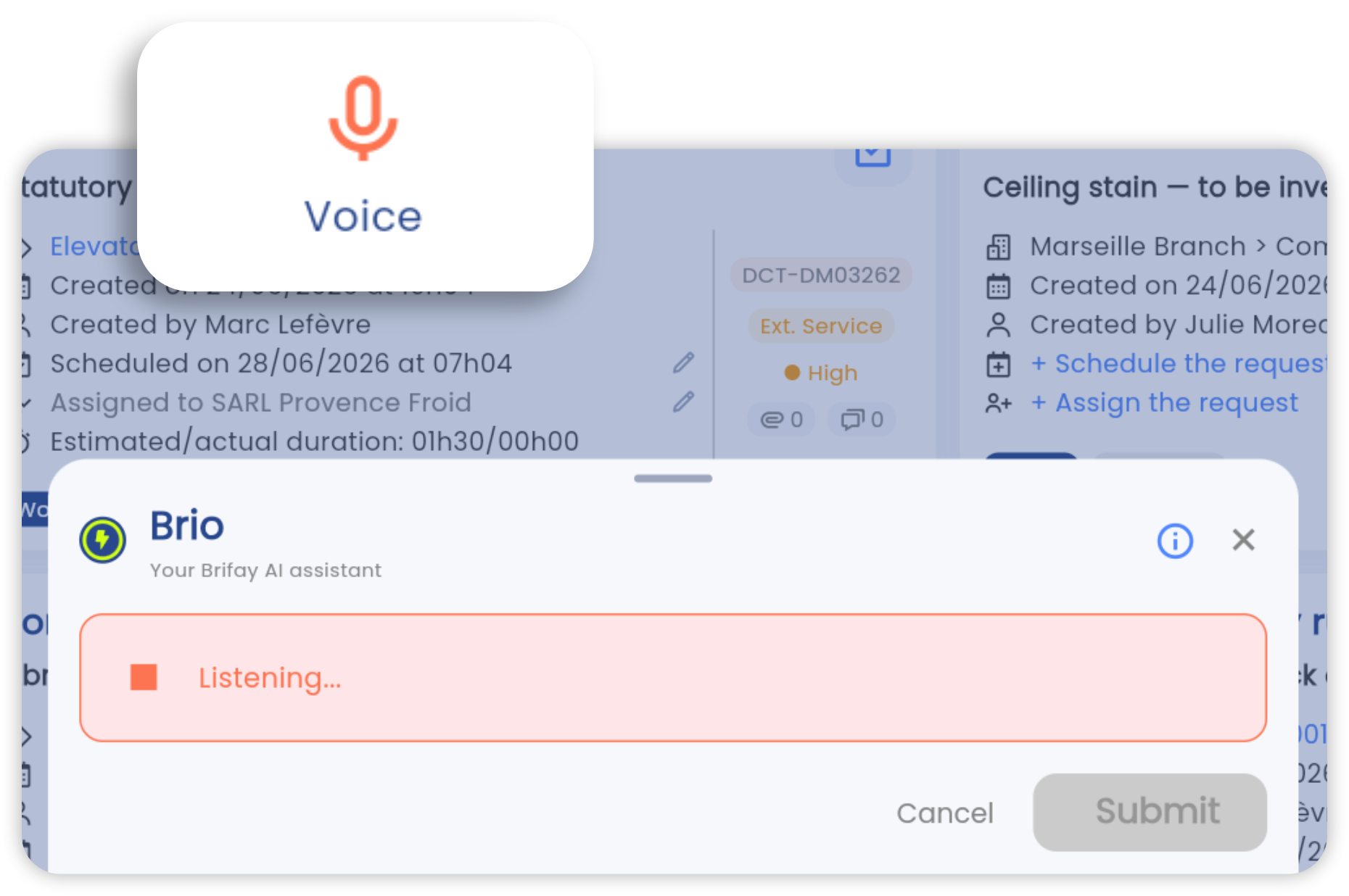 Work request creation screen in the Brifay app, with voice dictation and AI qualification