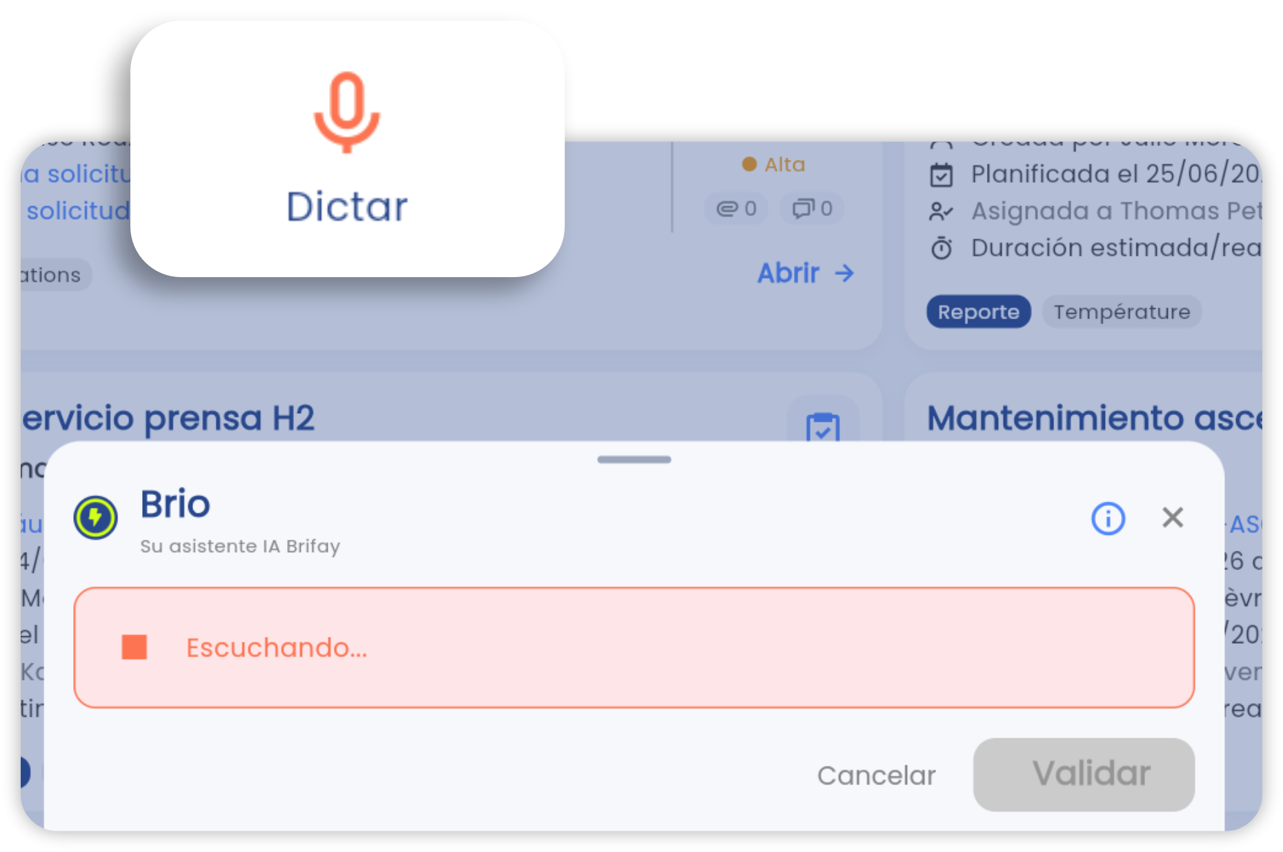 Pantalla de creación de una solicitud de intervención en la app Brifay, con dictado por voz y cualificación IA