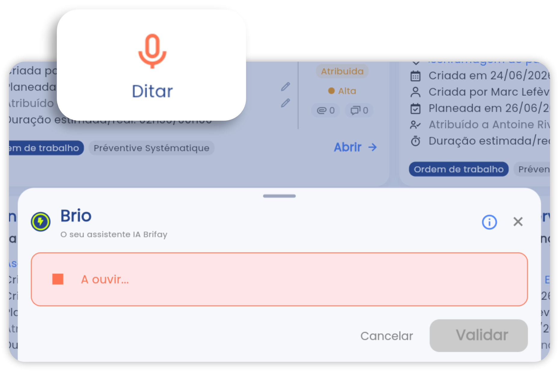 Ecrã de criação de um pedido de intervenção na app Brifay, com ditado por voz e qualificação por IA