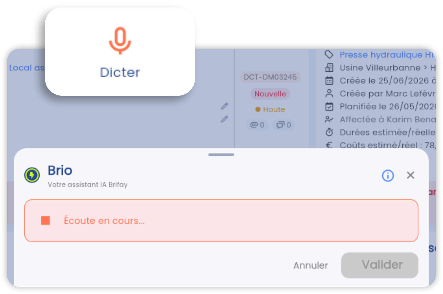 Écran de création d'une demande d'intervention dans l'app Brifay, avec dictée vocale et qualification IA
