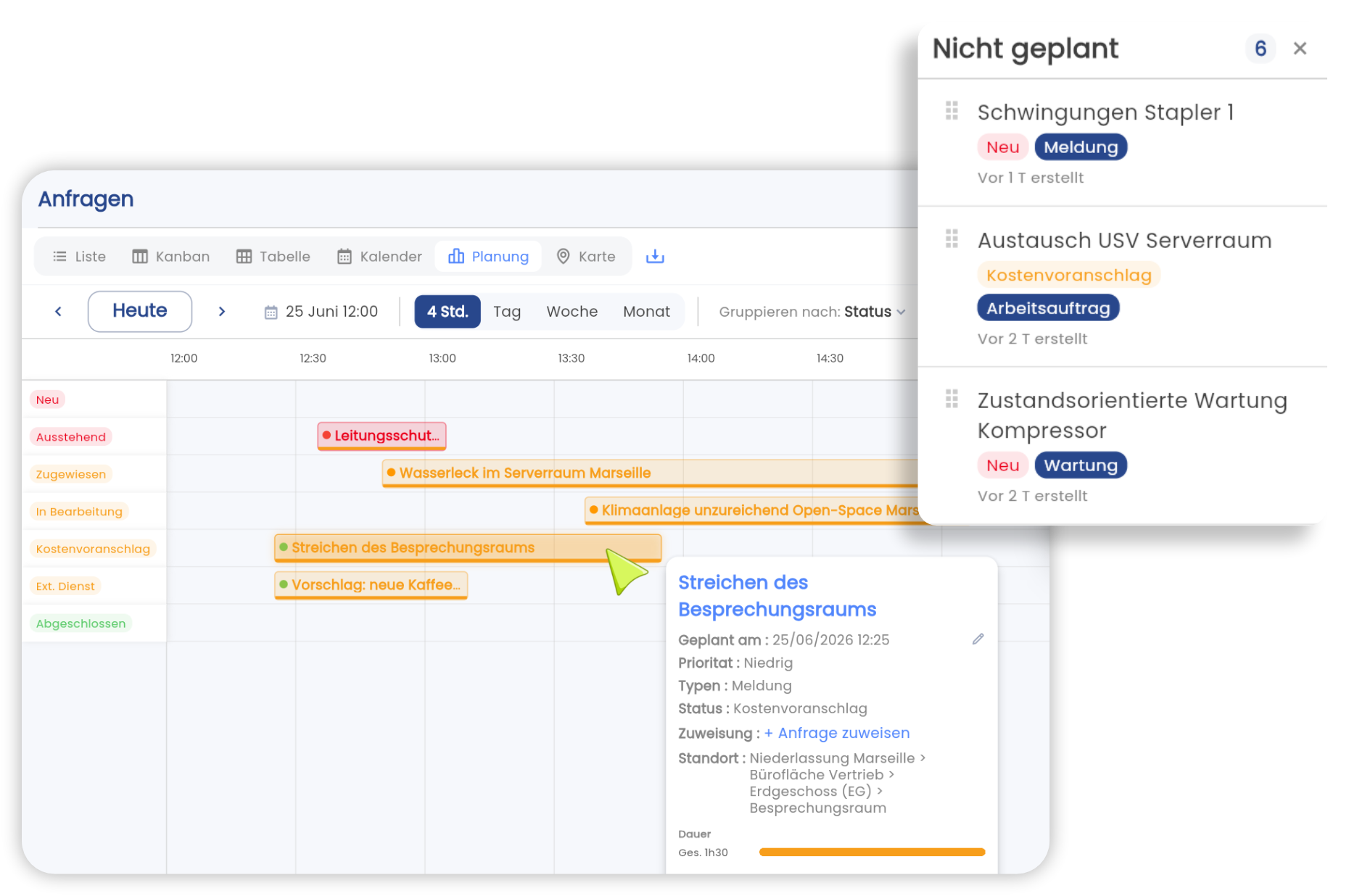 Gantt-Planungsansicht der Einsatzmeldungen in der Brifay-App: Status, Zuständiger und Fristen in Echtzeit verfolgt