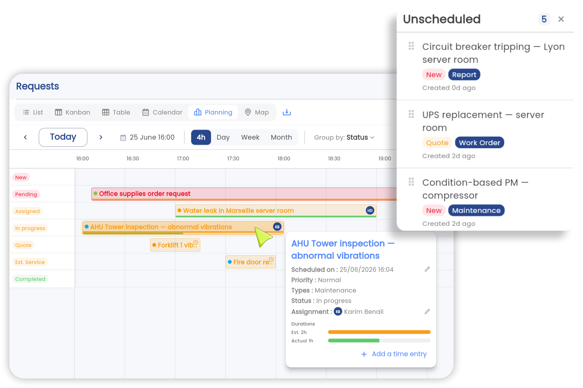 Gantt planning view of work requests in the Brifay app: status, owner and due dates tracked in real time