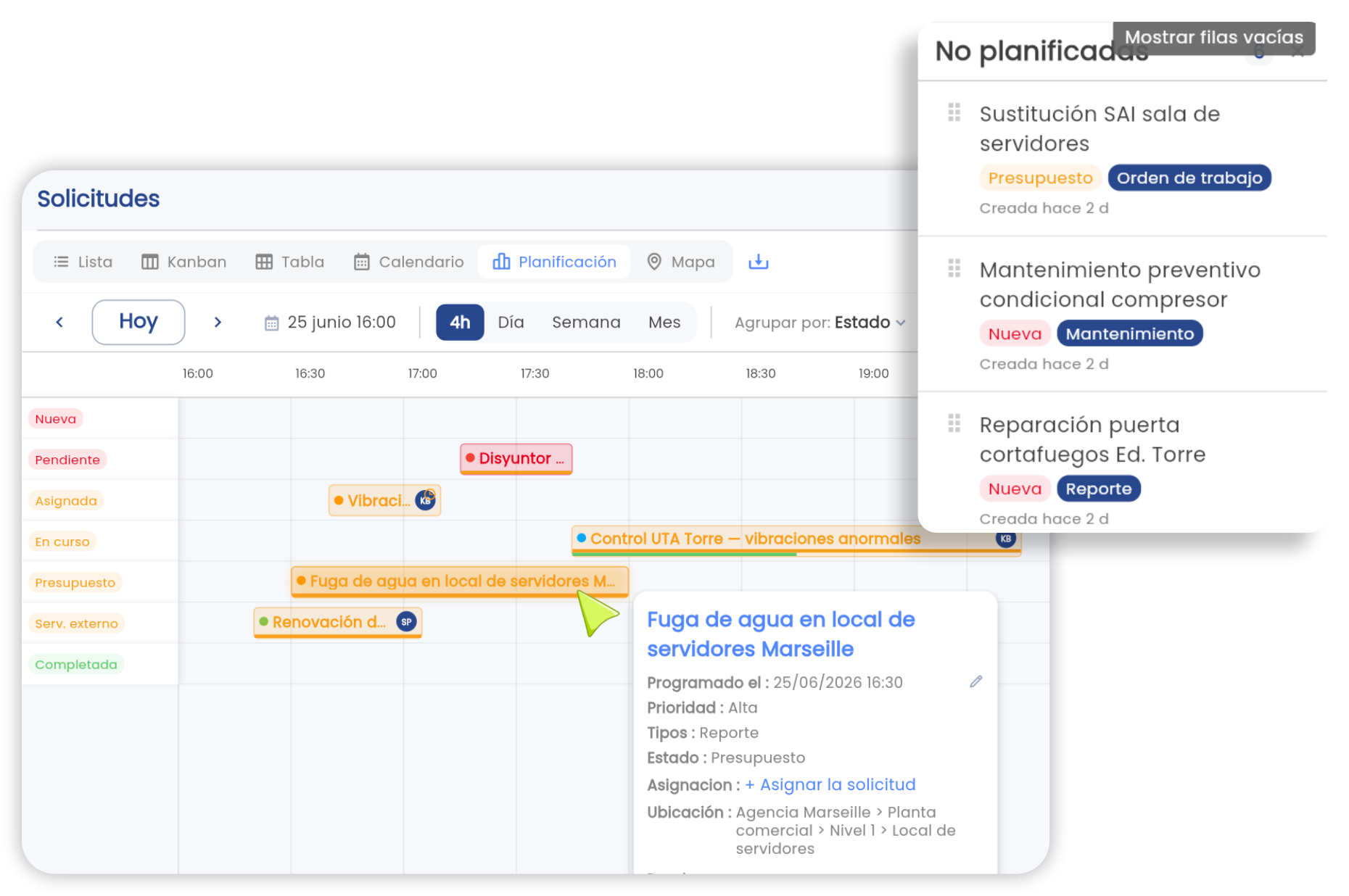 Vista de planificación Gantt de las solicitudes en la app Brifay: estado, responsable y plazos seguidos en tiempo real