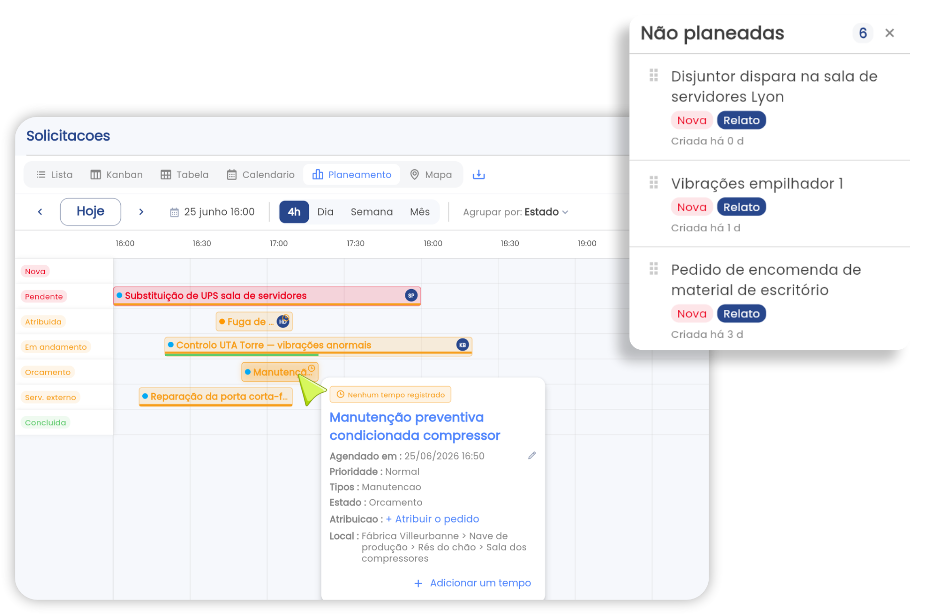 Vista de planeamento Gantt dos pedidos na app Brifay: estado, responsável e prazos seguidos em tempo real