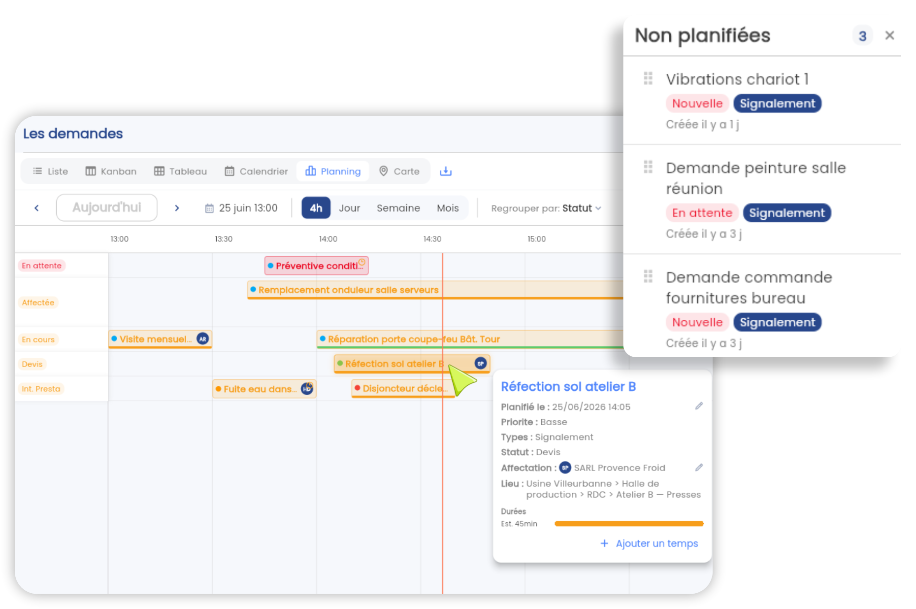 Vue planning Gantt des interventions dans l'app Brifay : statut, responsable et échéances suivis en temps réel