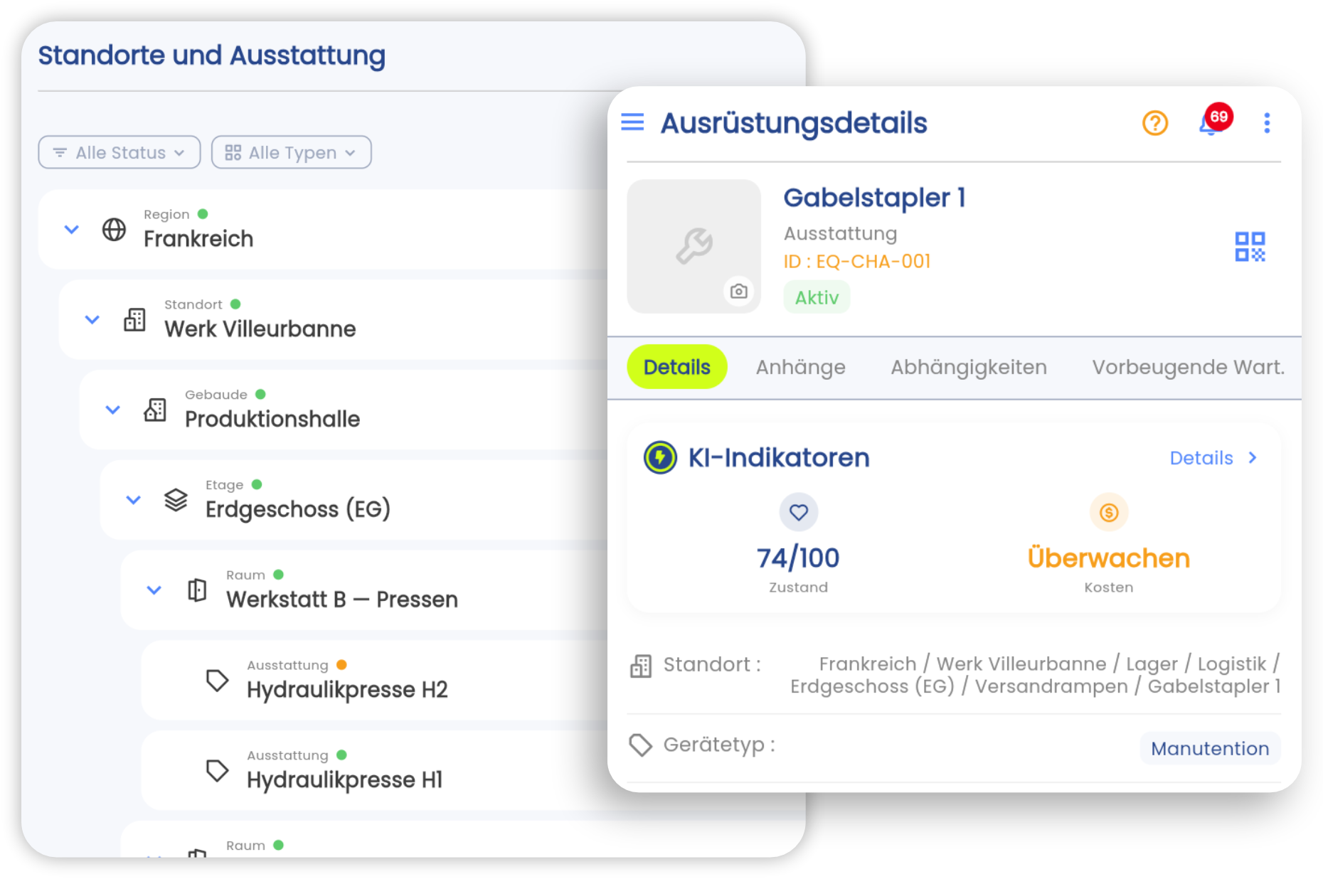 Hierarchischer Anlagenbaum in der Brifay-App: Region, Standort, Gebäude, Ebene und Anlagenkarte