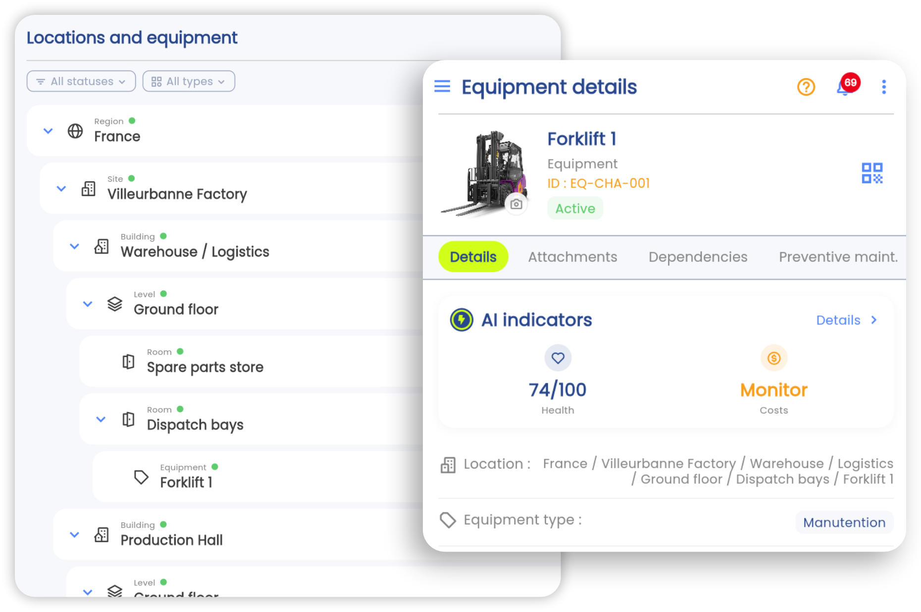 Hierarchical asset tree in the Brifay app: region, site, building, level and asset record