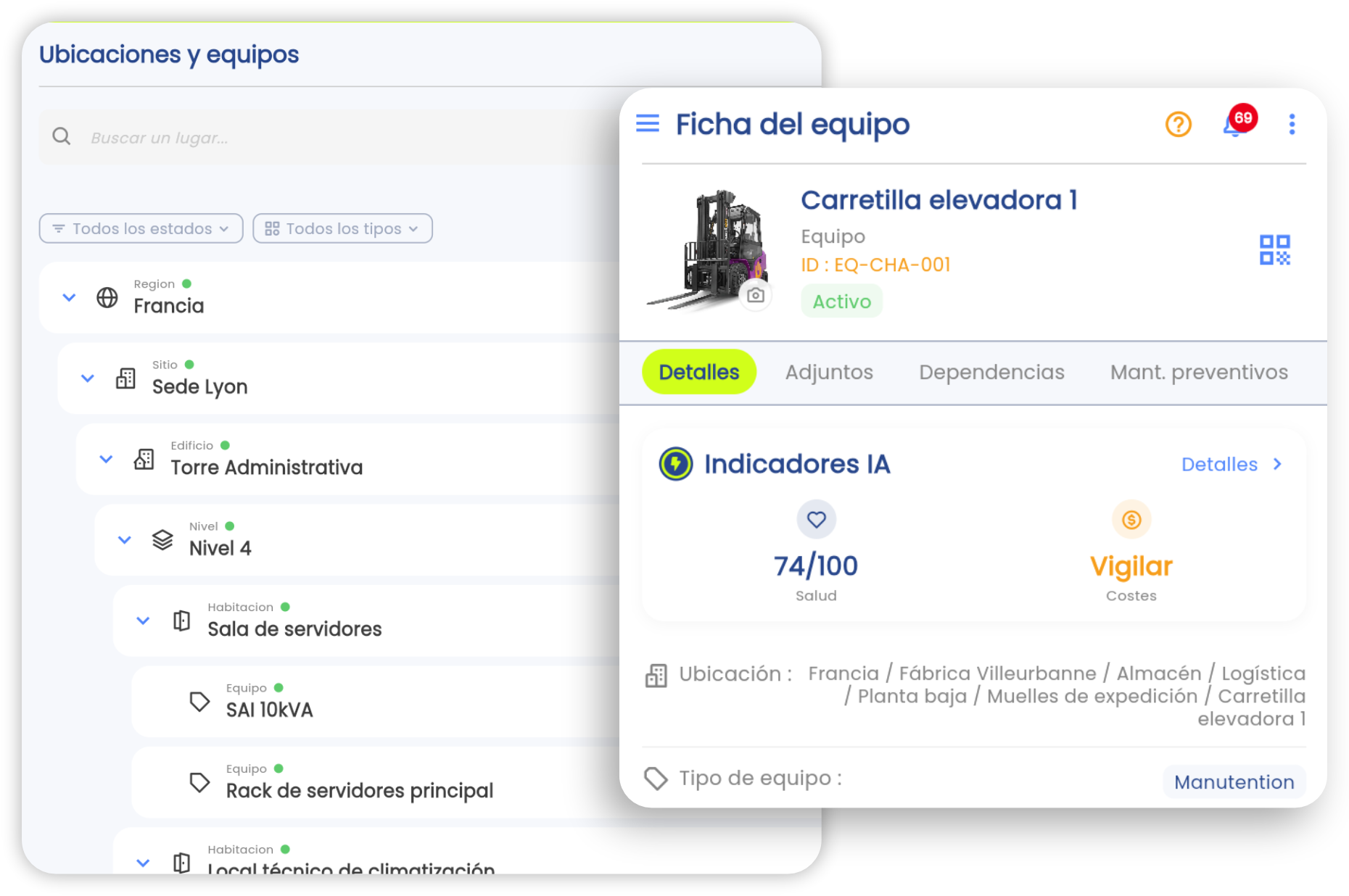 Árbol jerárquico de equipos en la app Brifay: región, sede, edificio, nivel y ficha de equipo