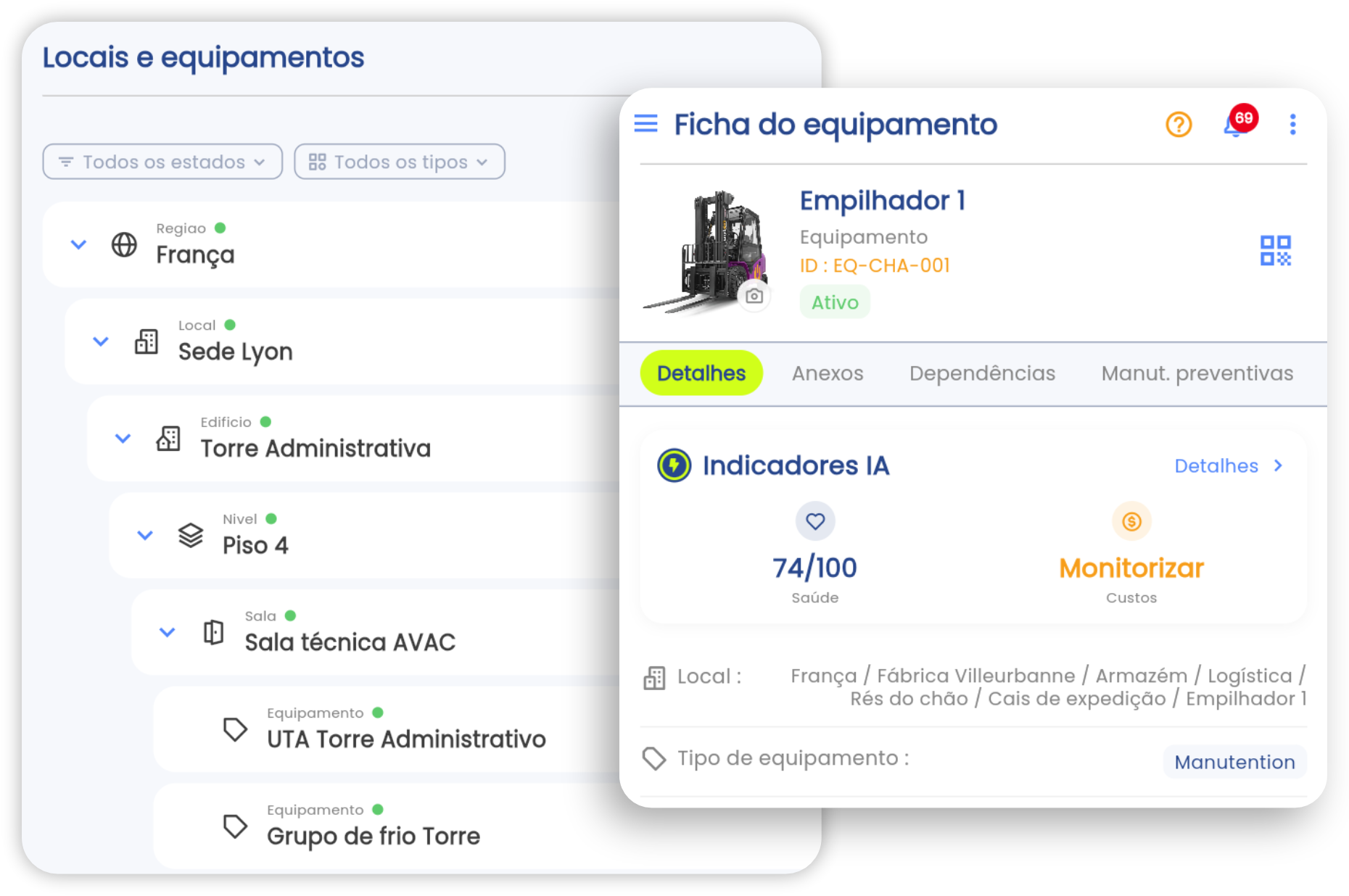Árvore hierárquica de equipamentos na app Brifay: região, local, edifício, nível e ficha de equipamento