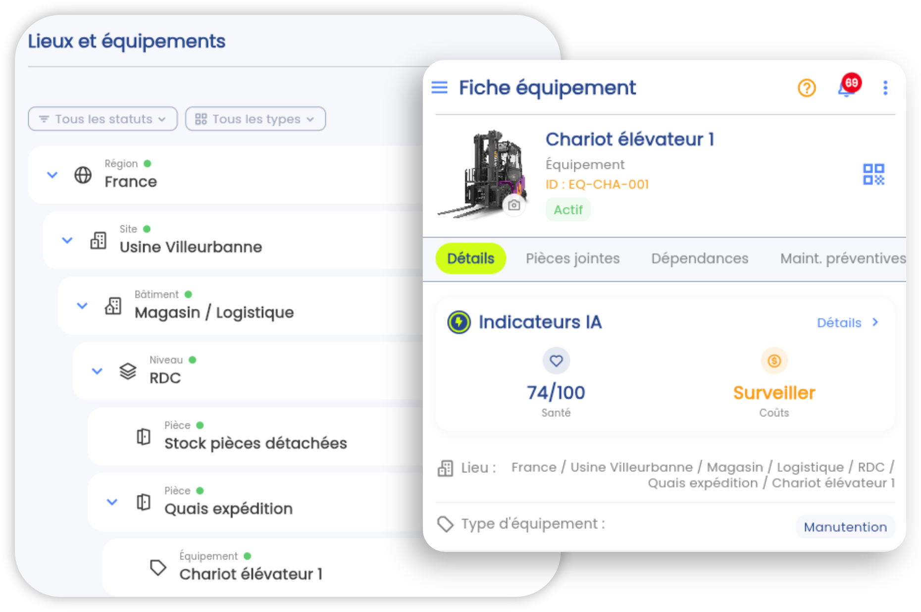 Arborescence hiérarchique des équipements dans l'app Brifay : Région, site, bâtiment, niveau et fiche équipement