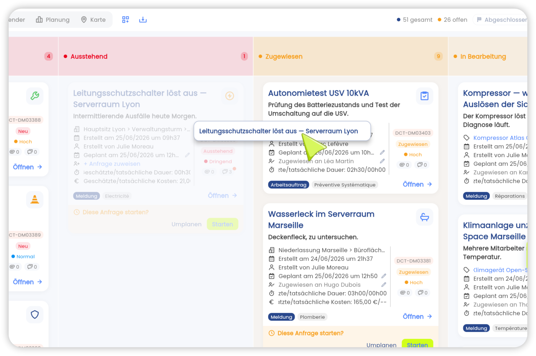 Kanban-Ansicht der Arbeitsaufträge in der Brifay-App: Spalten nach Status und Drag-and-Drop der Meldungen