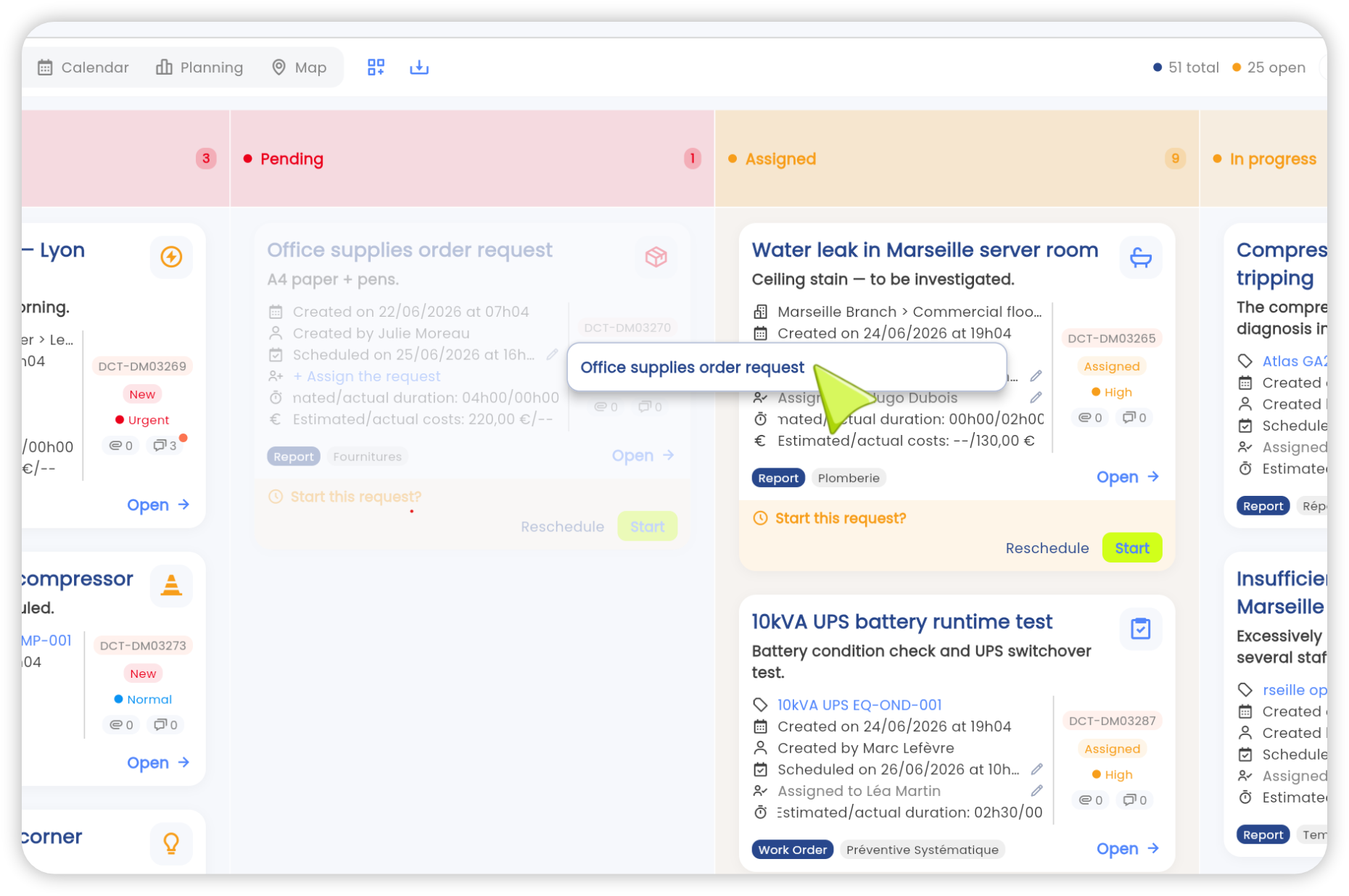 Kanban view of work orders in the Brifay app: columns by status and drag-and-drop of requests