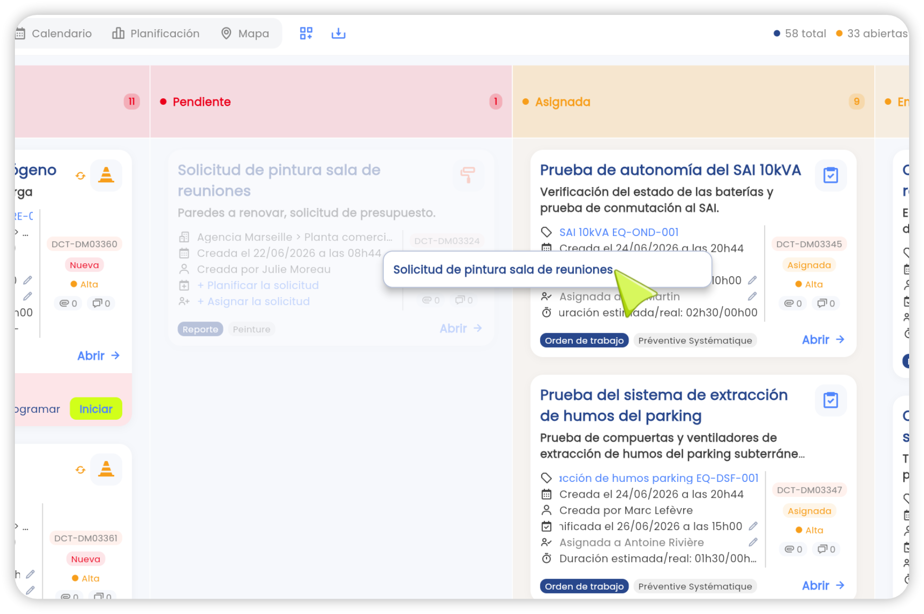 Vista Kanban de las órdenes de trabajo en la app Brifay: columnas por estado y arrastrar y soltar las solicitudes