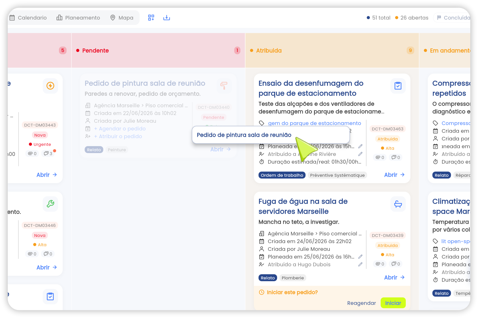 Vista Kanban das ordens de trabalho na app Brifay: colunas por estado e arrastar e largar os pedidos