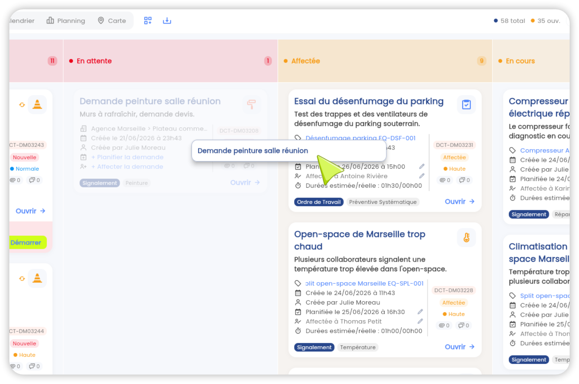 Vue Kanban des ordres de travail dans l'app Brifay : colonnes par statut et glisser-déposer des demandes