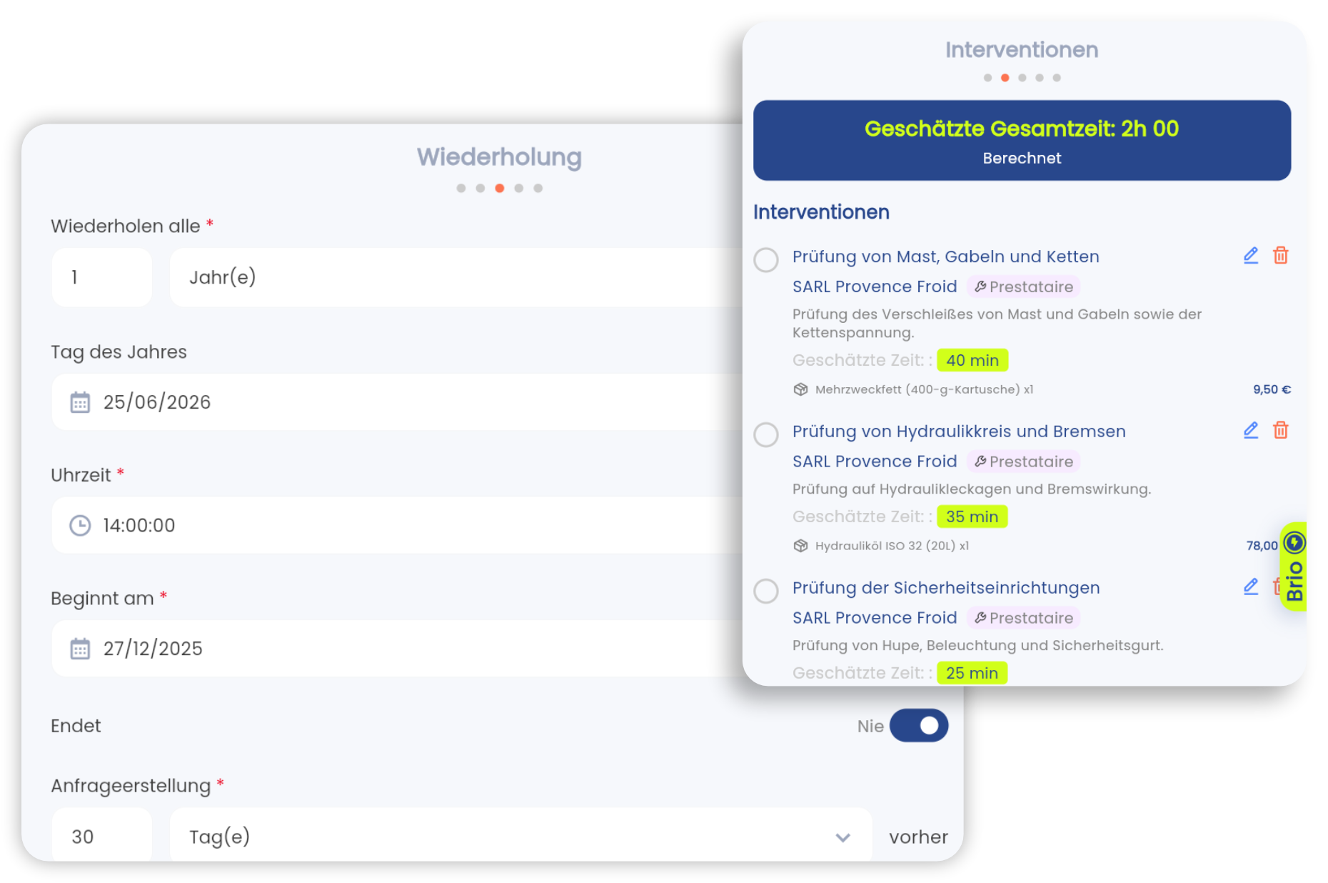 Bildschirm vorbeugende Instandhaltung in der Brifay-App: geplante Wiederholung und automatisch erzeugte Arbeitsaufträge