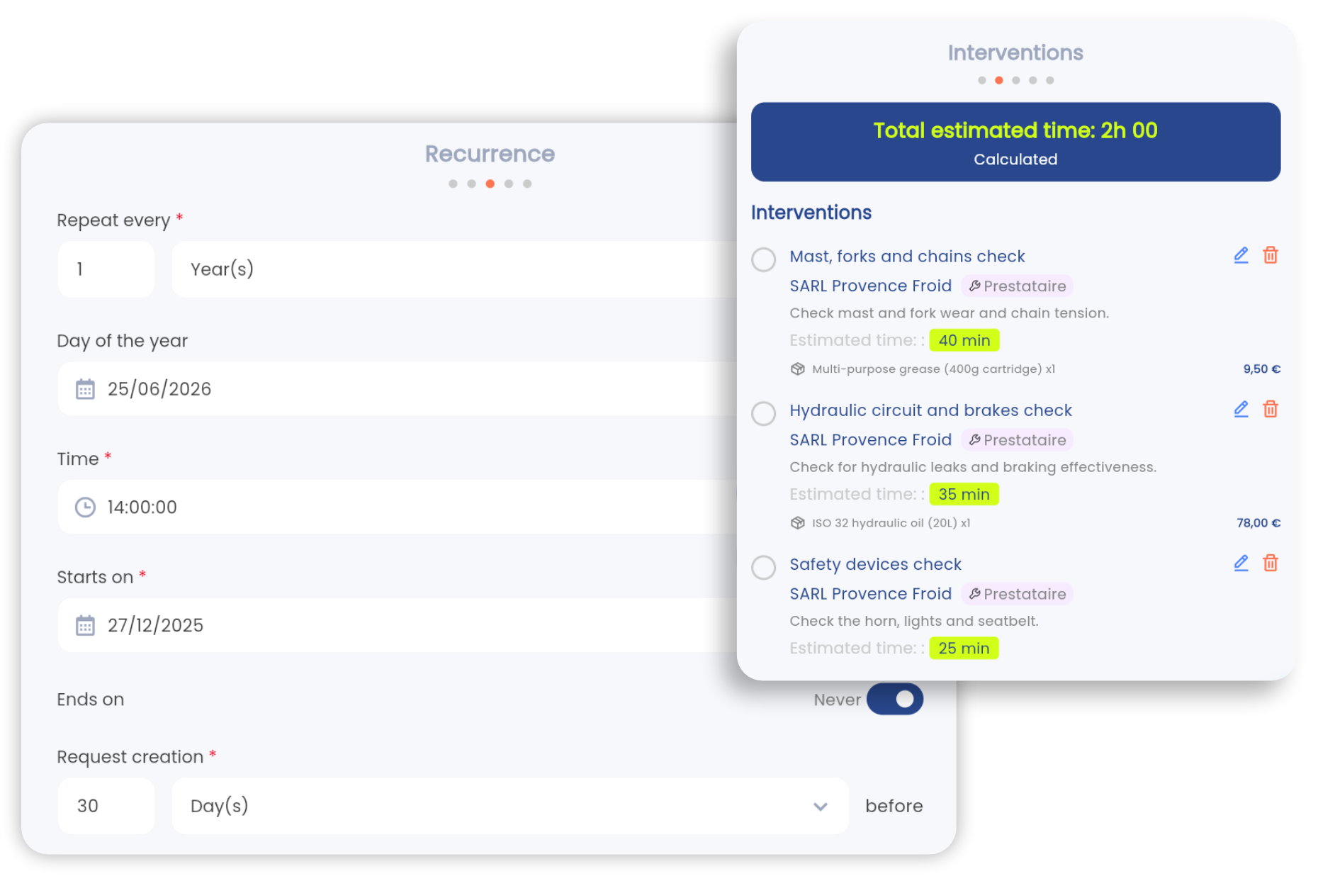 Preventive maintenance screen in the Brifay app: scheduled recurrence and automatically generated work orders