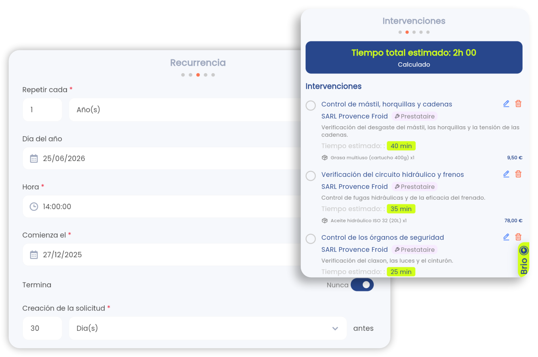 Pantalla de mantenimiento preventivo en la app Brifay: recurrencia programada y órdenes de trabajo generadas automáticamente