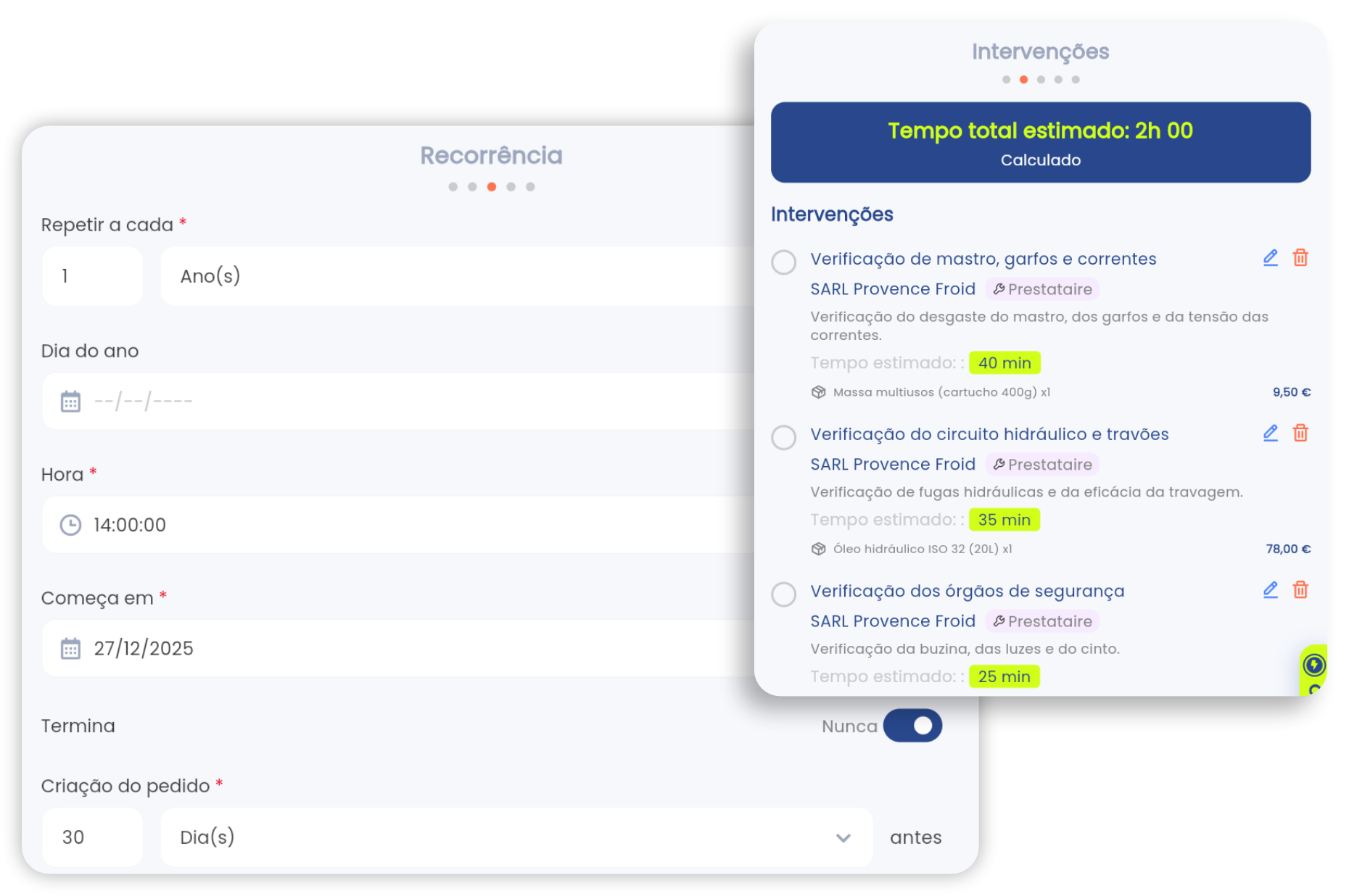Ecrã de manutenção preventiva na app Brifay: recorrência programada e ordens de trabalho geradas automaticamente