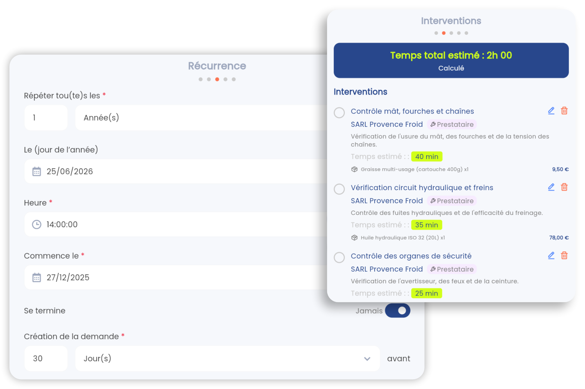 Écran de maintenance préventive dans l'app Brifay : récurrence programmée et ordres de travail générés automatiquement