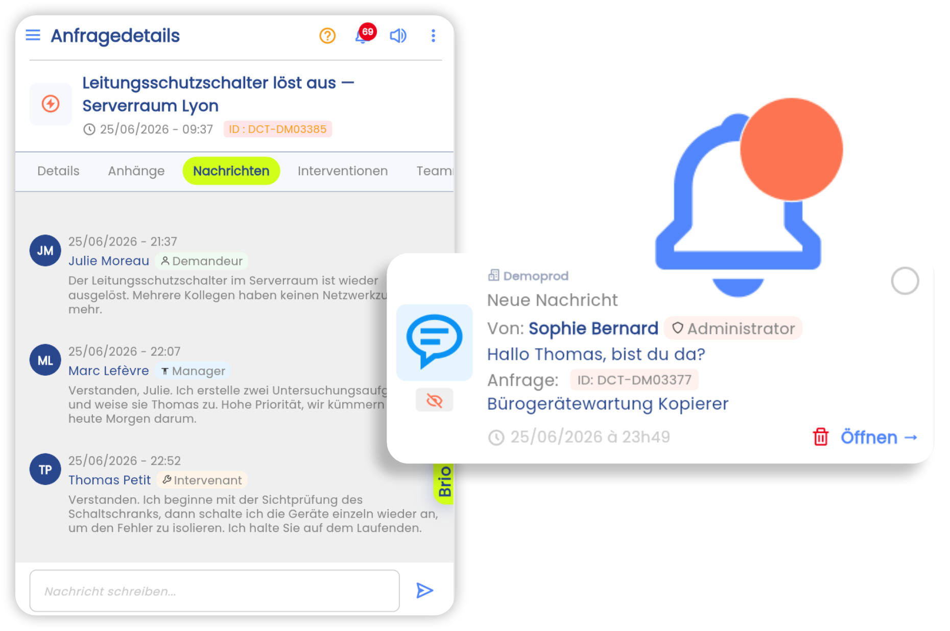 Integrierter Chat einer Meldung in der Brifay-App: Team-Konversation, Anhänge und Echtzeit-Benachrichtigungen