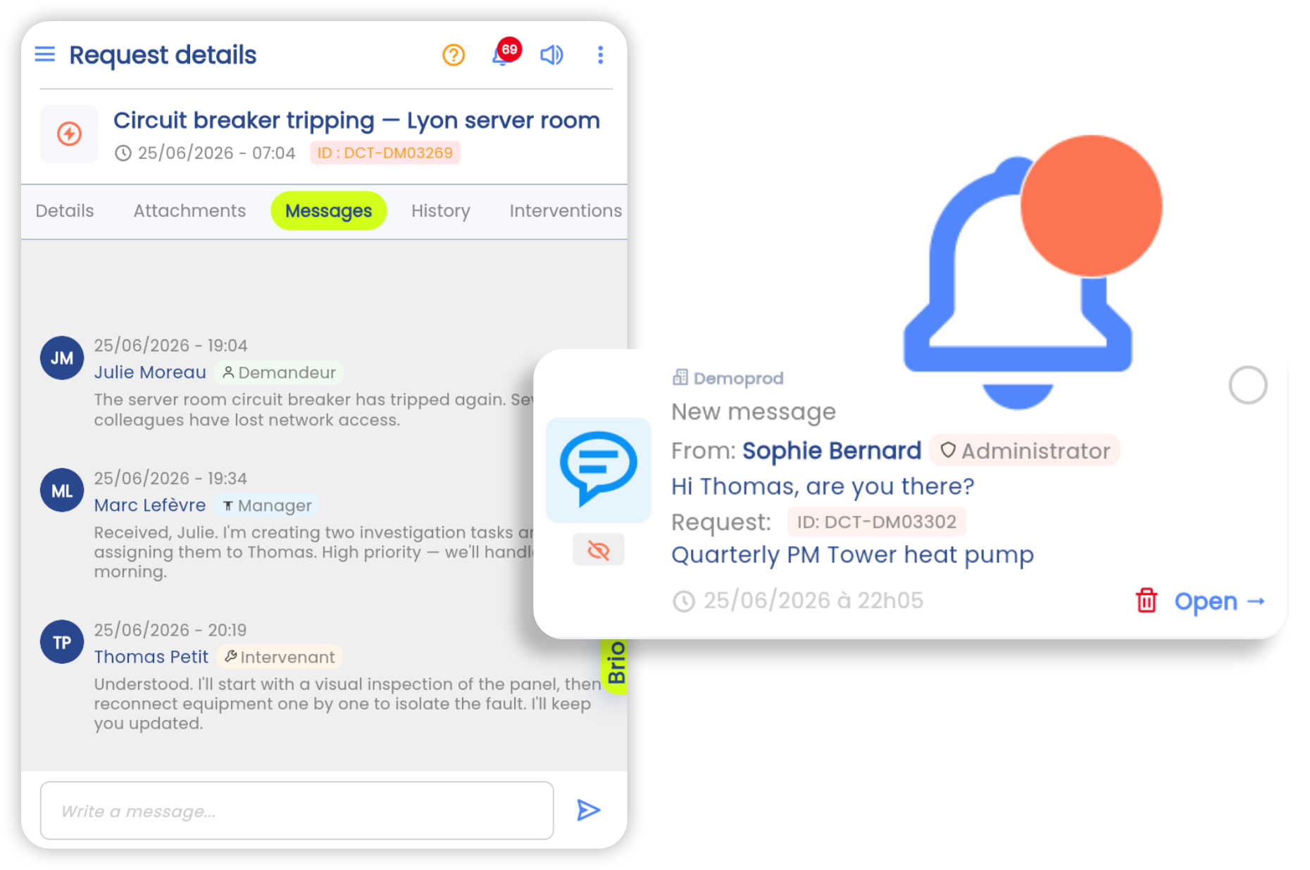 Built-in messaging on a request in the Brifay app: team conversation, attachments and real-time notifications