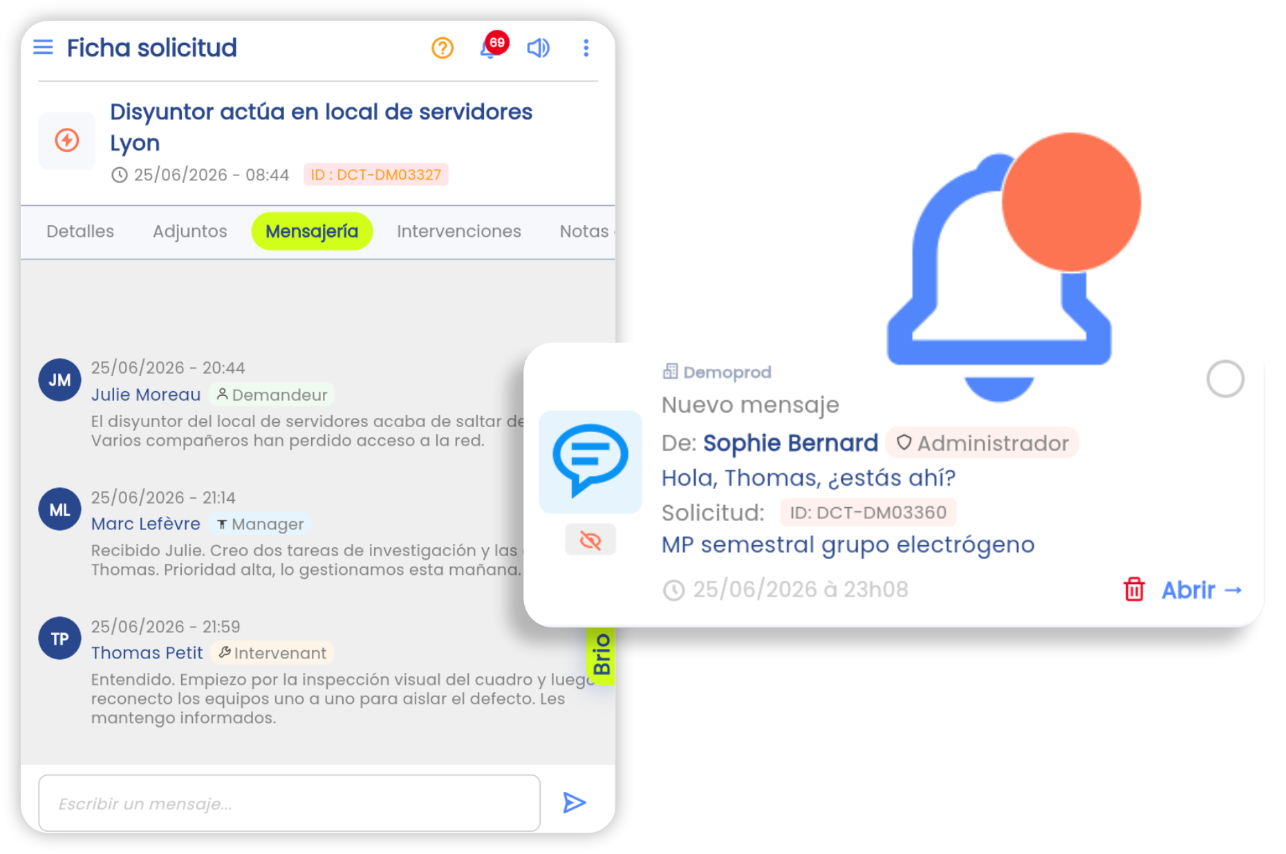 Mensajería integrada en una solicitud de la app Brifay: conversación de equipo, adjuntos y notificaciones en tiempo real